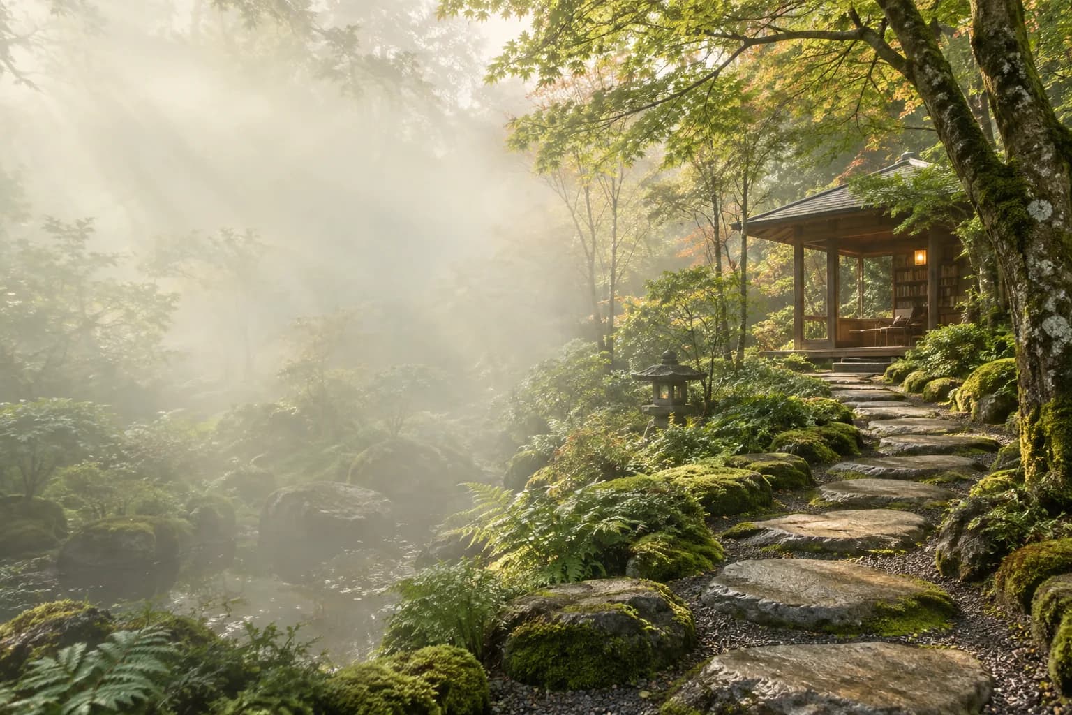 A moss-covered path through a Japanese woodland garden, leading to a quiet reading pavilion